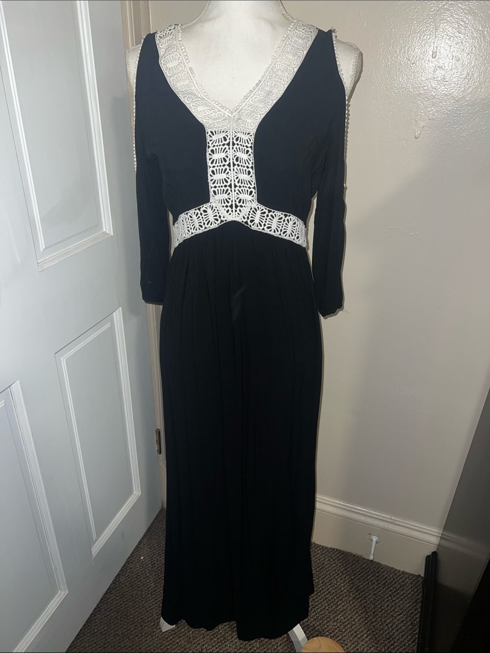 Black Maxi Dress with Ivory Crochet Trim - Women's Maxi